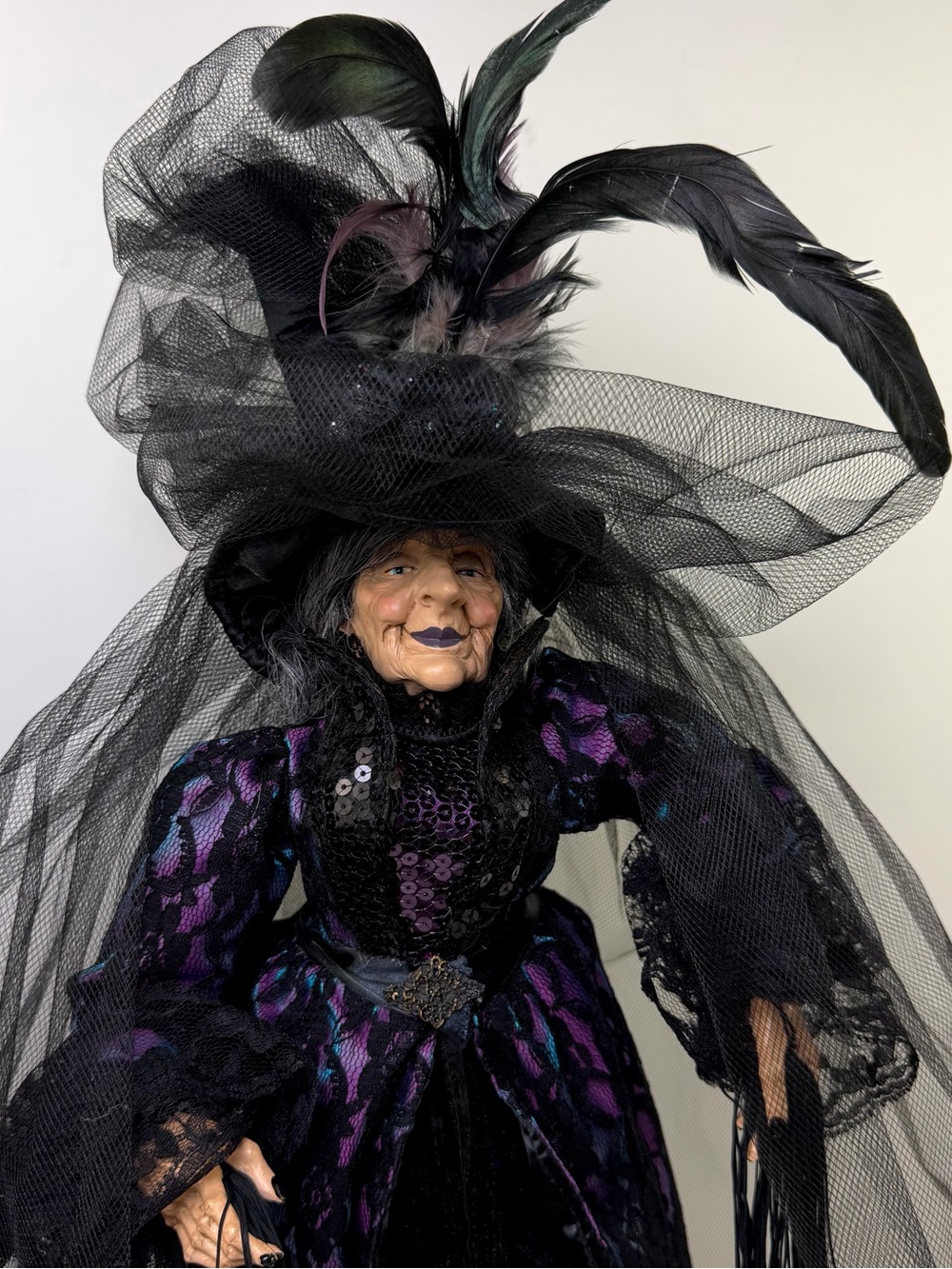 Karen Didion Rare Black Widow Witch Feather Hat Halloween Black Purple Dress